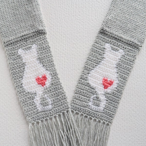 Gray cat scarf. Handmade, crochet and knit scarf with white cat silhouettes and coral hearts.  Cat or kitten lover gift
