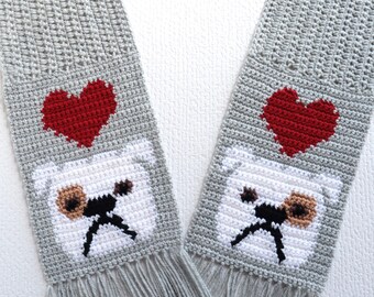 Bulldog scarf.  Gray crochet scarf with English bulldogs and red hearts.  Dog lover gift