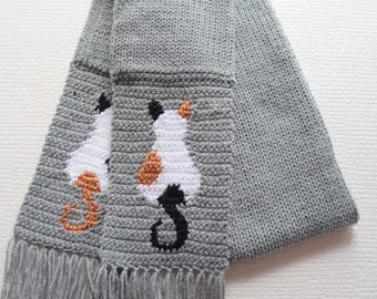 Crochet Cat Scarf: Gray Knit Calico Kitty Silhouette, Cat Lover Gift