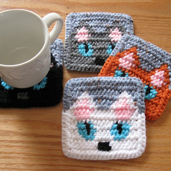 Cat Coasters. Quarry grey crochet coaster set with peeking cats. Gray cat cup coaster. Black cat decor. White cat. Orange cat. Cat gift