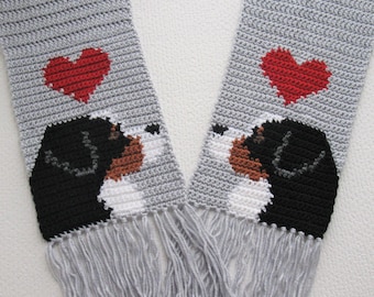 Crochet Pattern for a Bernese mountain dog scarf with large red hearts.  Instant download for DIY Berner gift