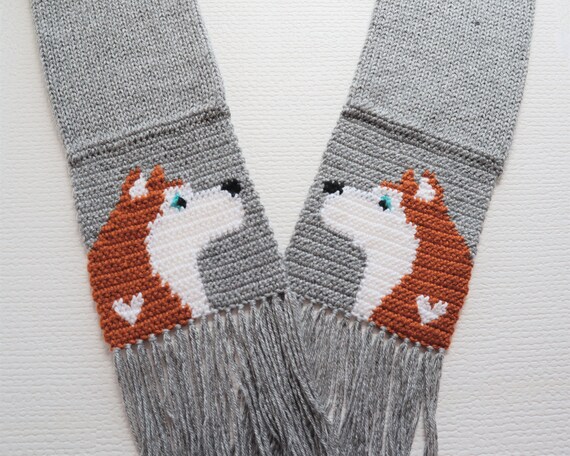 Red Husky Dog Scarf. Gray, Knit and Crochet Scarf With Red 