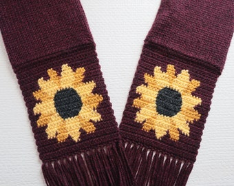 Sunflower scarf.  Dark red wine color, knit scarf with yellow and black sunflowers.