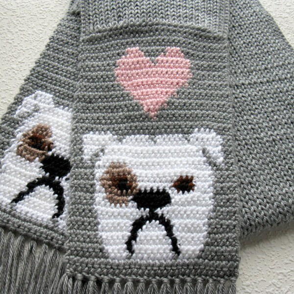 English Bulldog Scarf. Grey crochet scarf with white bulldogs and pink hearts. Knit bulldog scarf. Bulldog gift