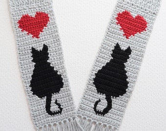 Cat scarf crochet pattern. Pdf download to make this gray scarf with black cat silhouettes and red hearts. Cat lovers gifts