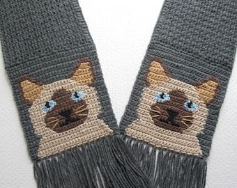 Siamese cat scarf crochet pattern. Instant download crochet instructions to make a Himalayan kitty scarf.  Pet lovers crochet