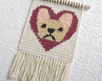 French bulldog crochet pattern. Soft white,  dog and purple heart, mini wall hanging for pet lovers. DIY instant download