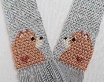 Pomeranian scarf.  Light gray, crochet scarf with Pomeranian dogs and small hearts.  Dog lovers gift.