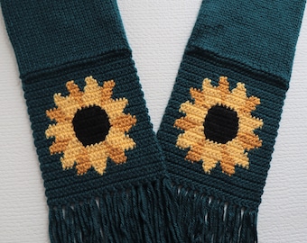 Sunflower scarf.  Dark teal, knit scarf with yellow and black sunflowers.