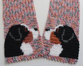 Bernese mountain dog Scarf. Speckled pink crochet scarf with Swiss mountain dogs. Dog mom gift.