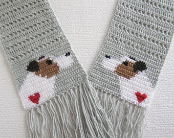 Jack Russell Terrier Crochet Pattern. DIY scarf with terrier dogs and small hearts. Instant download dog scarf instructions
