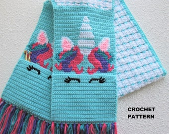 Unicorn scarf with pockets, crochet pattern. Instant download