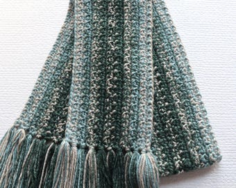 Green striped scarf. Thick, handmade shades of gray and greens