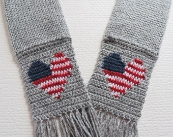 Gray heather color, knit scarf with heart shape American flags.