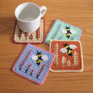 Patroon bijenonderzetter. Haakpatroon voor moktapijten met honingbijen en wilde bloemen.  Intarsia-haakwerk
