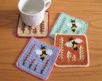 Bee coaster pattern. Crochet pattern for honeybees and wild flowers mug rugs.  Intarsia crochet