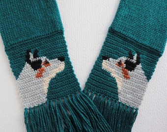 Australian Cattle Dog. Teal, knit and crochet scarf with blue heeler dogs. Knit dog scarf. Cattle dog gift. Heeler dog gifts