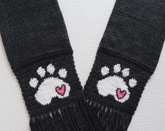 Black paw print scarf.  Charcoal black scarf with white paw prints and small pink hearts. Pet lover gift