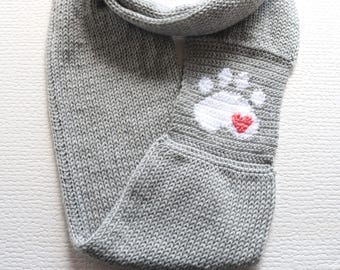 Handmade Paw Print Infinity Scarf: Gray Knitted Circle Scarf