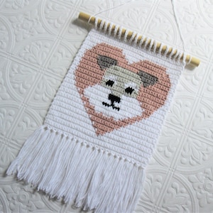 Schnauzer crochet pattern. Gray terrier dog and pink heart, mini wall hanging for pet lovers.  Intarsia dog wall art.