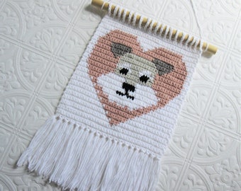 Schnauzer crochet pattern. Gray terrier dog and pink heart, mini wall hanging for pet lovers.  Intarsia dog wall art.