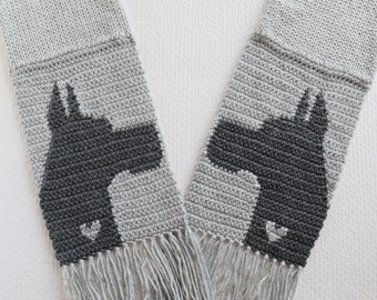 Great Dane Scarf. Gray knit scarf with Dane dog silhouettes and hearts. Dog lover gift