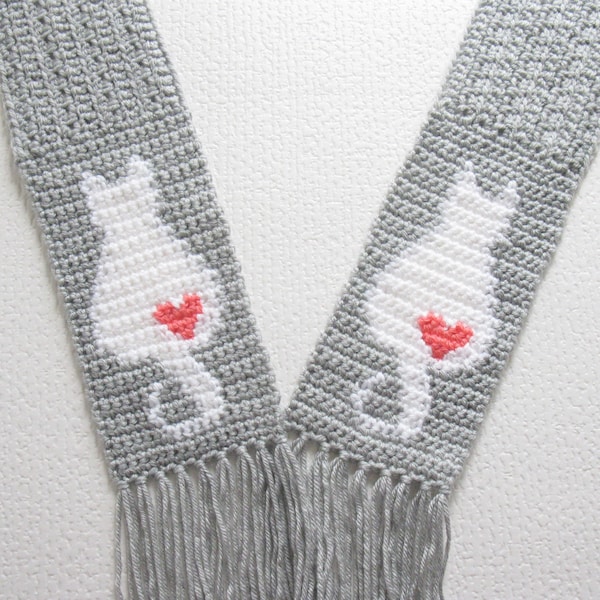 Cats and Hearts scarf crochet pattern. Instant download instructions to make this gray scarf with white cat silhouettes and coral hearts