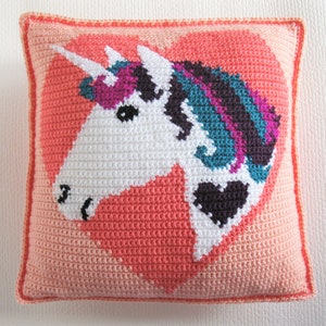 Patrón de almohada de unicornio. Patrón de crochet de bricolaje. Decoración colorida de la habitación. Peluche de animales míticos. Unicornio de crochet en intarsia