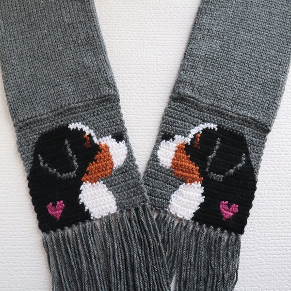 Bernese Mountain Dog Scarf.  Charcoal gray crochet and knitted scarf with mountain dogs and small berry color hearts. Berner mom gifts.