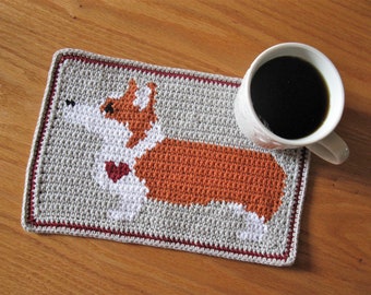 Corgi dog crochet pattern. Mug mat pattern with a Pembroke welsh corgi.