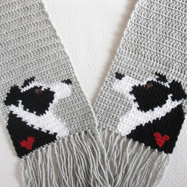 Border Collie Crochet Pattern. DIY scarf with black and white collie dogs and red hearts. Instant download dog scarf instructions