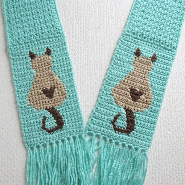 Modèle de crochet d'écharpe de chat. Silhouette de minou siamois avec écharpe petits coeurs. Les amoureux des animaux font du crochet. Pdf téléchargement instantané
