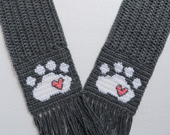 Paw Print scarf crochet pattern.  Pdf download to make this paws with hearts scarf.  Pet lovers crochet