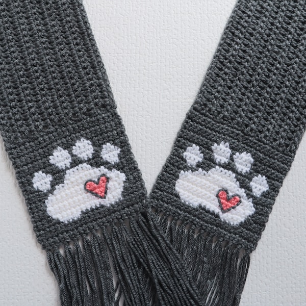 Paw Print scarf crochet pattern.  Pdf download to make this paws with hearts scarf.  Pet lovers crochet
