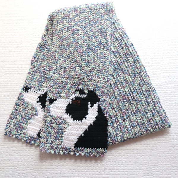 Border Collie Scarf. Speckled blue crochet scarf with black and white herding dogs. Dog mom gift.