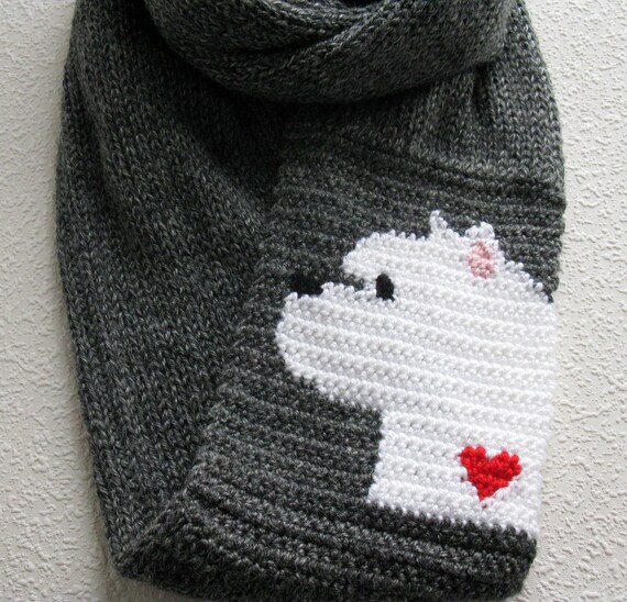 Knit Westie Infinity Scarf Charcoal Gray Knitted Cowl Scarf With A West Highland White Terrier Long Knit Circle Scarves Westie Dog Gift Knit Westie Infinity Scarf Charcoal Gray Knitted Cowl Scarf With A West Highland White Terrier Long Knit Circle Scarves Westie Dog Gift