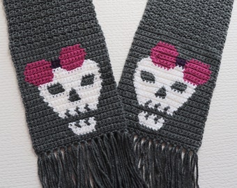 Handmade skull scarf. Hand crocheted charcoal scarf with skulls wearing bows