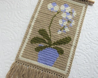 Crochet pattern. White and violet orchids wall hanging. Home decor, floral wall art.