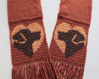 Labrador Retriever Scarf. Rust scarf with orange hearts and brown lab dogs. Chocolate lab gift