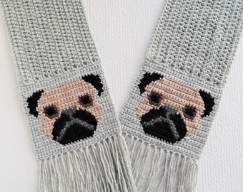 Pug Scarf Crochet Pattern. DIY scarf with black and tan pug dogs. Instant download instructions