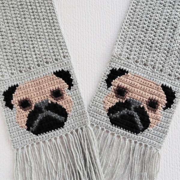 Pug Scarf Crochet Pattern. DIY scarf with black and tan pug dogs. Instant download instructions