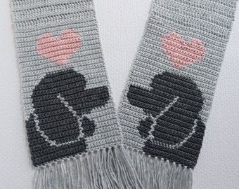 Handmade Poodle Scarf.  Light gray crochet scarf with poodle silhouettes and pink hearts.  Poodle gift