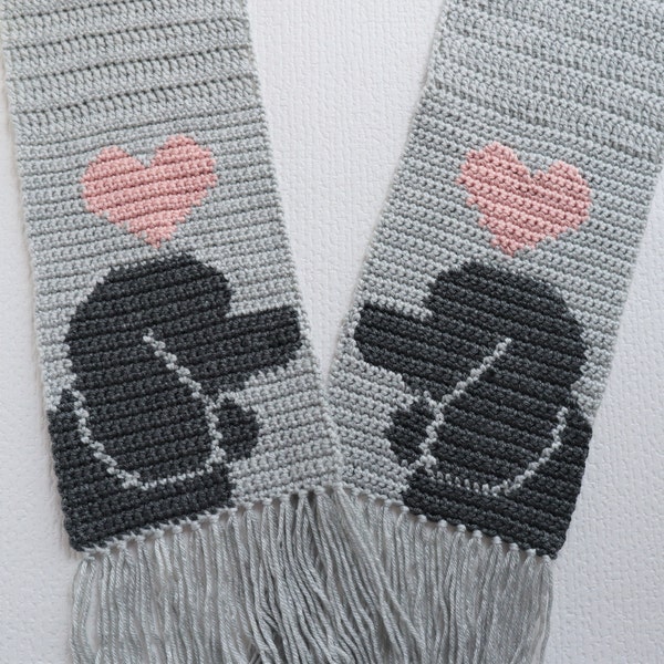 Poodle Scarf Crochet Pattern. DIY scarf with poodle dog silhouettes and pink hearts. PDF intarsia crochet pattern