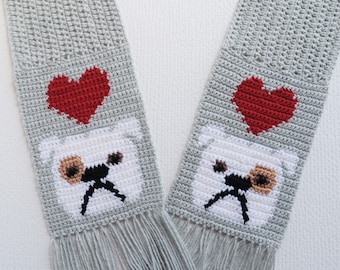 Bulldog scarf crochet pattern.  DIY instructions to make an English bulldog and red hearts scarf.  Intarsia crochet