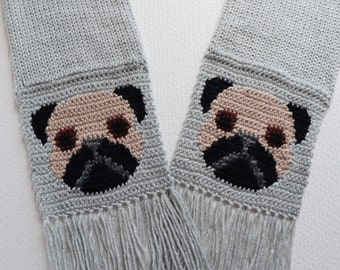 Pug Dog Scarf.  Silver gray, knit and crochet scarf with black and tan pugs. Dog lover gift