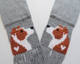 Gray, knit scarf with red border collie dogs. Knitted dog scarf. Collie dog gift