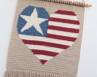 Americana flag crochet pattern. Home decor, wall hanging. DIY wall art. PDF instant download for heart shape flag