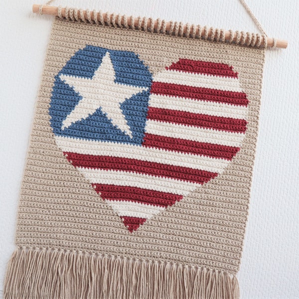 Americana flag crochet pattern. Home decor, wall hanging. DIY wall art. PDF instant download for heart shape flag
