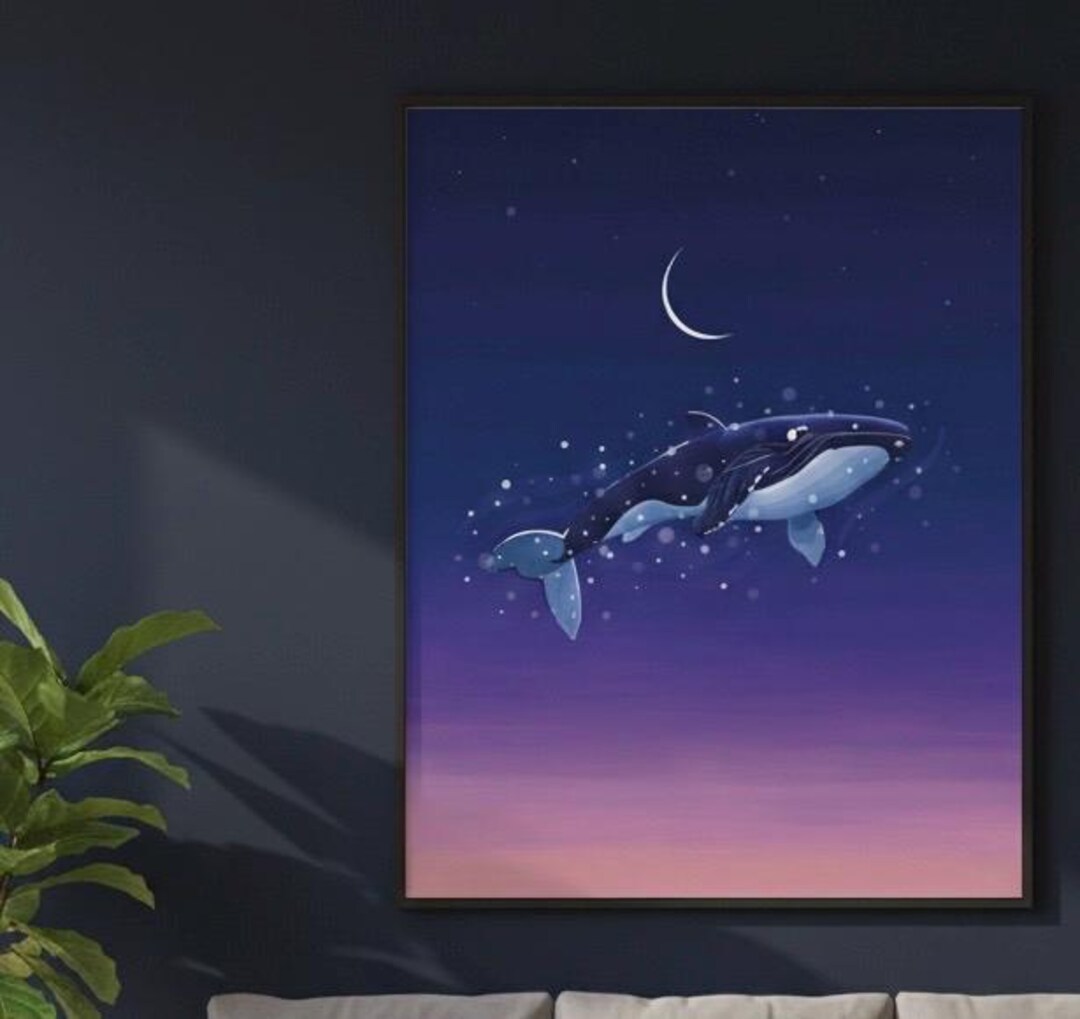 A Whale With the Moon, the Night Sky Art, Sky at Dawn, Modern Zen Decor ...