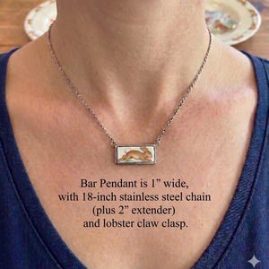 May include: A silver necklace with a rectangular pendant featuring a brown rabbit illustration. The pendant is 1 inch wide and hangs from an 18-inch stainless steel chain with a 2-inch extender and lobster claw clasp.